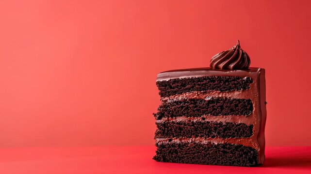 Slice of layered chocolate cake with frosting and swirl on top against red background
