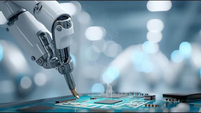 Close up of robotic arm soldering electronic circuit board with precision technology and futuristic automation