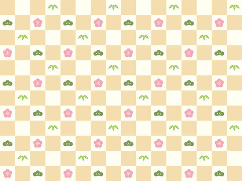 松竹梅の模様入り市松模様　かわいい春色の和柄シームレスパターン　縁起が良い松竹梅の柄入り和風背景素材ベクターイラスト