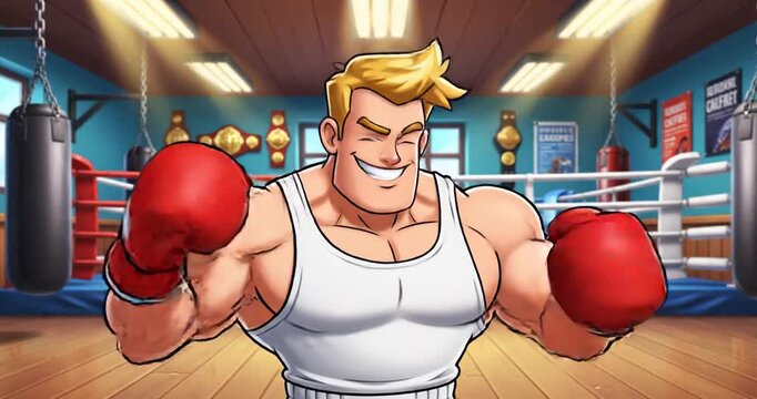 Cartoon boxer in the gym training.