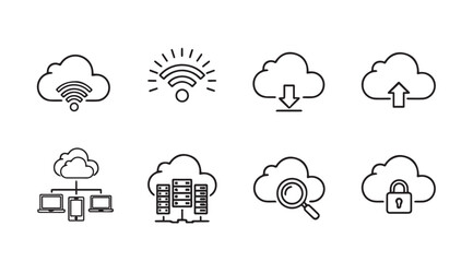 Obraz premium Cloud Computing Icons Set: Network Download Upload Server Search Security