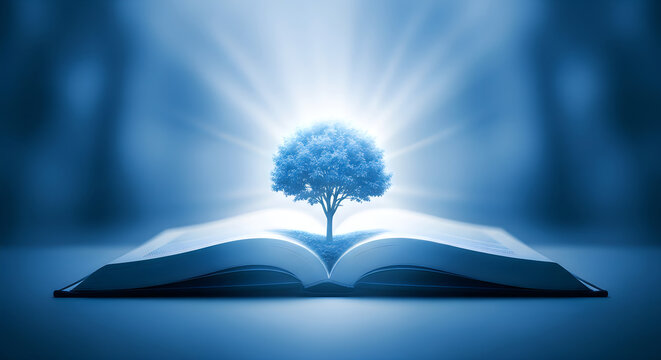 World book day celebration with magic tree emerging from open book