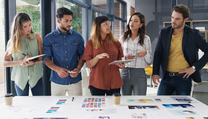 Meeting, tablet or people with discussion in creative agency, color palette choice or marketing...