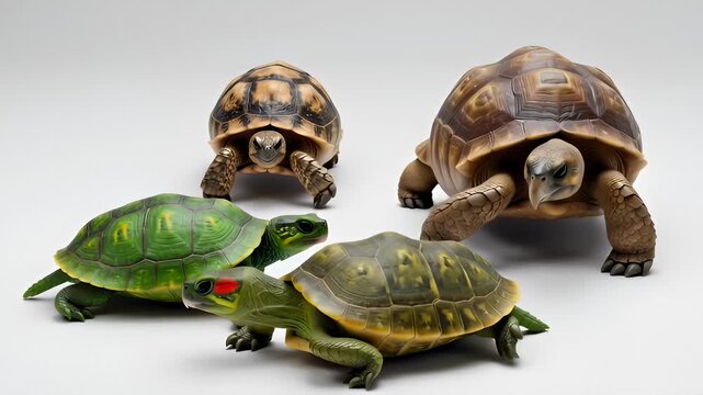 Four Tortoises of Varying Sizes Crawling and Interacting on a Clean White Background