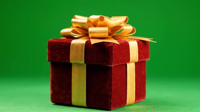 Festive Red Gift Box with Golden Ribbon on Green Background.