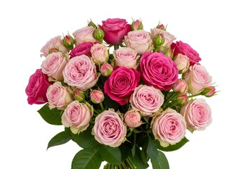 Beautiful bouquet of pink and fuchsia roses isolated on white background, fresh blooming flowers