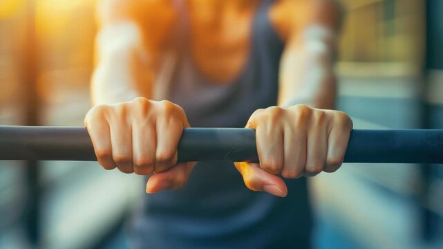 Close-up of hands gripping a pull-up bar during an intense gym workout
