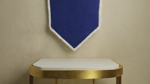The Generic Pennant. Soccer/Football Merchandise Mockup (No Brand, No Logo). Fan Merchandise. A plain triangular felt pennant in royal blue with a white border, hanging against a textured ivory wall
