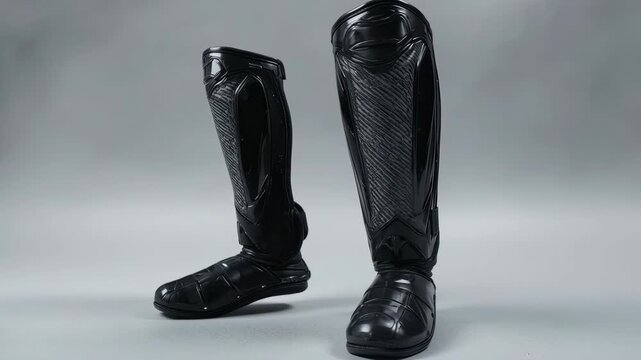 The Padded Shin Guard. Soccer/Football Merchandise Mockup (No Brand, No Logo). Safety Gear. A pair of sleek, all-black unbranded shin guards standing symmetrically, set against a solid neutral grey
