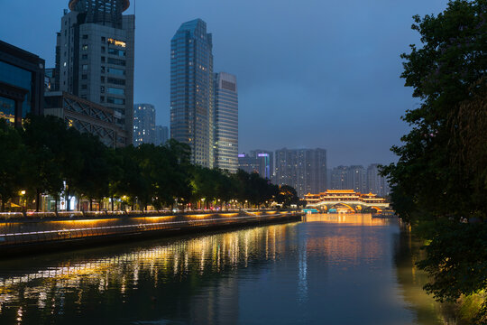 Jinjiang River promenade at blue hour near Anshun Bridge in Chengdu