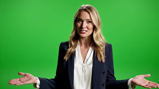 Confident businesswoman in professional attire gestures openly against a vibrant green background, expressing welcome and positivity