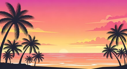 Fototapeta premium Tropical beach sunset with palm trees and colorful sky.