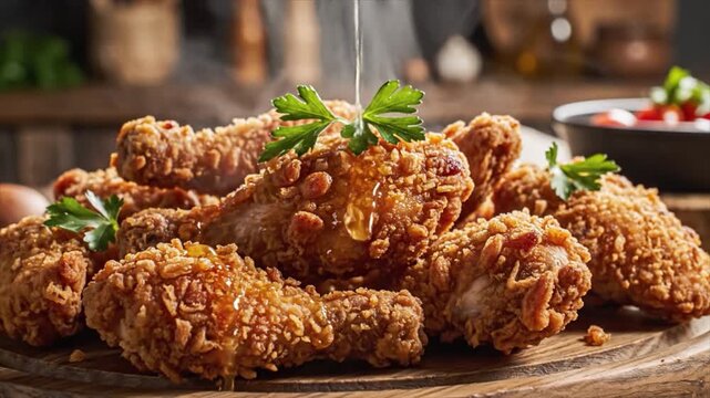 Golden crispy fried chicken pieces, garnished with fresh parsley, with a glistening drizzle of savory sauce, artfully arranged on a rustic wooden board