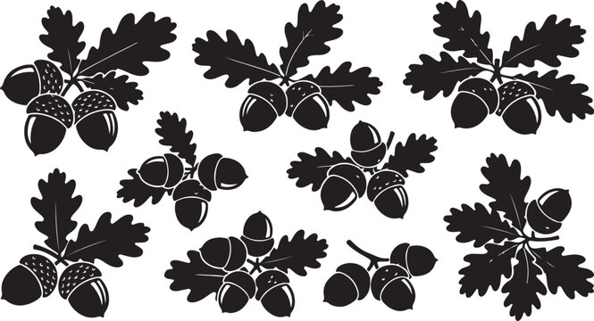 Black Silhouette of Acorns and Oak Leaves Pattern
