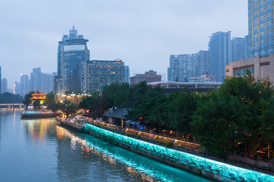 Jinjiang River promenade at blue hour near Anshun Bridge in Chengdu