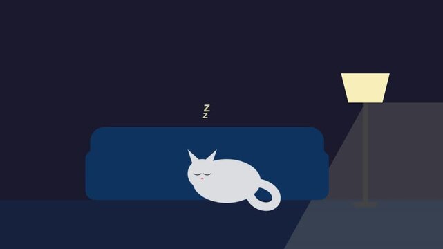 Cartoon Cat Sleeping on Sofa at Night