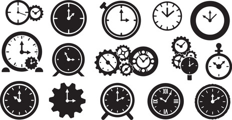 Collection of various clock and gear icons in black