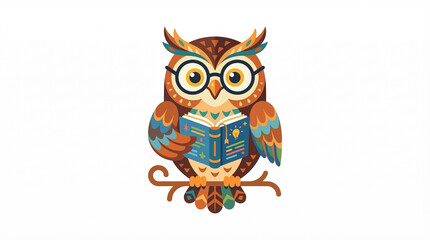 Naklejka premium Wise Owl: A charming cartoon owl with spectacles, perched on a branch, engrossed in reading a book, a symbol of knowledge and wisdom.