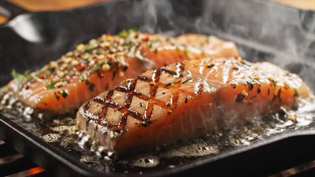 Fresh, seasoned salmon fillets sizzling on a cast iron grill pan, showcasing a healthy and flavorful cooking process with aromatic steam rising, perfect for a nutritious meal