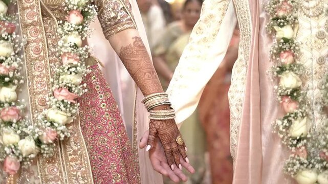 Indian Bride and Groom in Traditional Wedding Attire Holding Hands During Ceremony