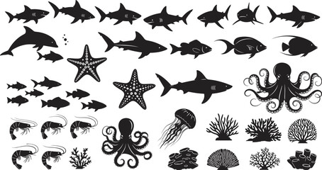 Set of black marine life silhouettes, shark and dolphin icons, octopus and jellyfish vectors, coral reef and underwater animal symbols for design © MstSahanaj