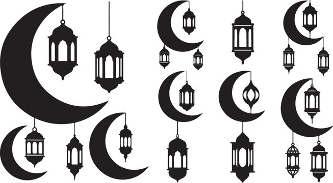 Black Lanterns and Crescent Moons on White Background