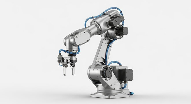 robotic arm is positioned on white background for industrial use