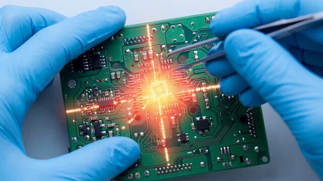 A person is holding a small electronic device with a green casing. The device is glowing red, indicating that it is overheating