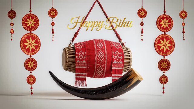 Traditional Assamese bihu festival celebration symbols with dhol and pepa