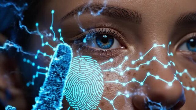 A close-up of a person's face with a blue fingerprint and circuitry overlaid on their finger and face.