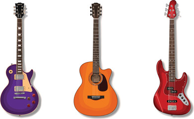 Electric and Acoustic Guitars Set, Colorful Music Instruments Collection"