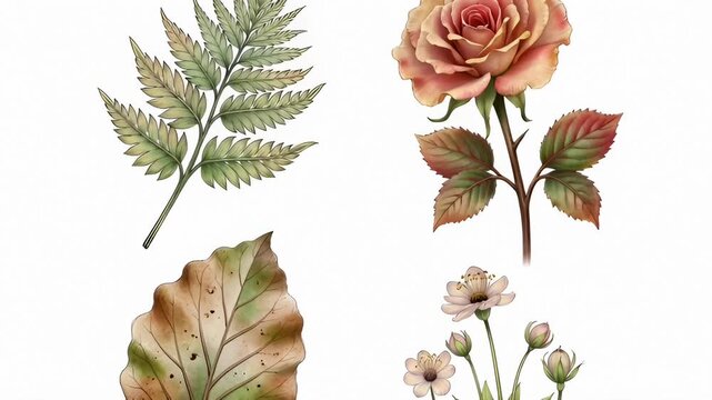 Elegant Botanical Illustrations of Rose, Fern, and Autumn Leaf on White Background