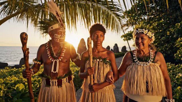 Three people in traditional attire walking outdoors near the ocean.