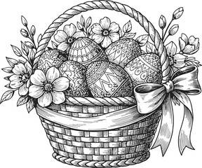 Fototapeta premium Decorated Easter Eggs in Woven Basket with Flowers and Bow Vector