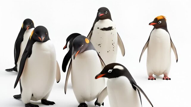 Group of Diverse Penguins Standing and Wiggling on a White Background, Studio Shot