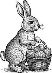 Obraz premium Easter Bunny Holding Basket with Decorated Eggs Line Art Vector
