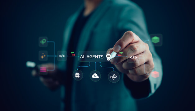 Business professional interacting with AI agents interface, automation workflow diagram. Concept of artificial intelligence systems, autonomous agents, digital technology, smart business automation.