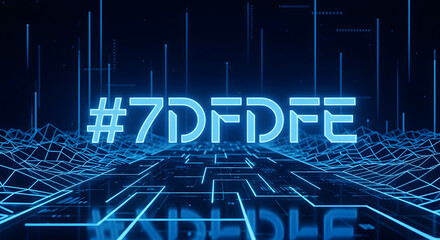 A futuristic digital landscape with a glowing blue hex code displayed in the center