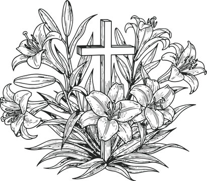 Easter Lily Cross Vector Illustration Religious Symbol Floral Arrangement