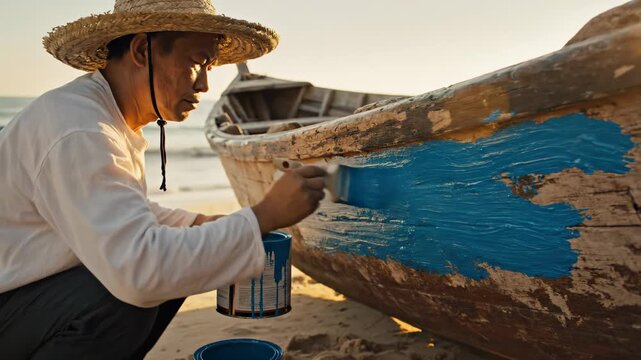 Fisherman Restores Old Wooden Boat on Beach at Sunset.