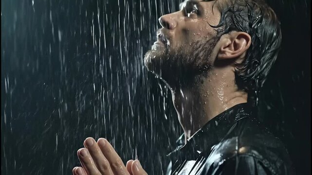 Man Praying in Heavy Rain, Emotional Moment.
