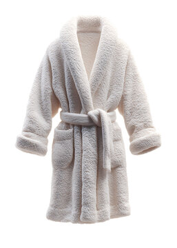 A white bathrobe with belt hanging on a transparent background