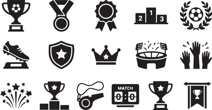 Soccer victory awards and championship trophy icons for world cup