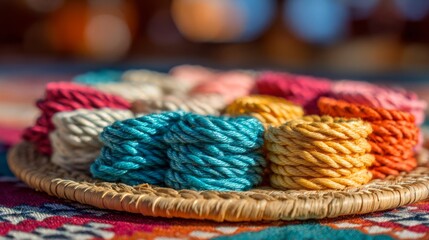 Vibrant Colorful Yarn Strands Woven into Circular Textile Patterns