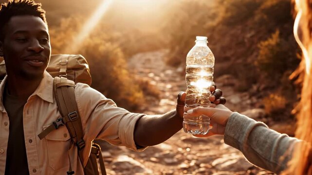 Man receives water bottle from another person during a hike in nature.