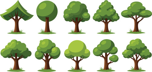 Collection of cartoon green trees isolated on white background forest nature vector illustration set © MDBELAL