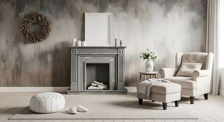 Fototapeta premium Cozy living room interior with fireplace and armchair, home decor inspiration