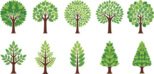 Collection of decorative green leafy trees isolated on white background botanical nature vector illustration set © MDBELAL