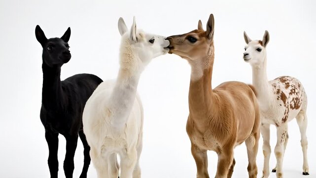 Four Llamas in Studio, Two Touching Noses, Different Colors and Breeds