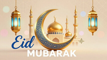 Eid Mubarak greeting background with golden mosque and glowing lanterns on dark blue night sky. Happy Eid ul-Fitr and Eid al-Adha festive banner design with Islamic architectural elements. © bikram